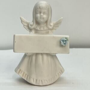Vintage Ardalt Japan Bisque Porcelain Angel Figurine White Blue Rose Banner 3.5"